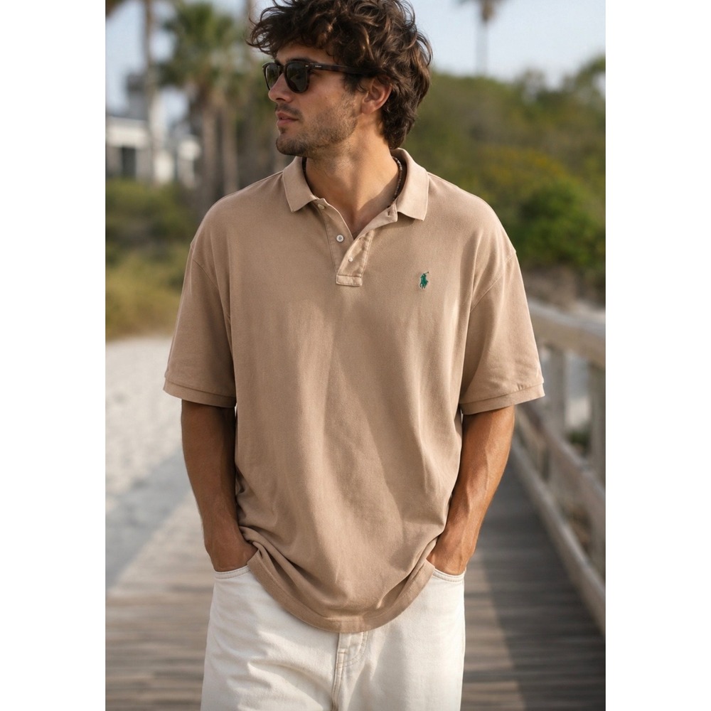 VTG Polo Ralph Lauren Men's Large Tan Beige Polo Shirt Green Pony Classic Fit